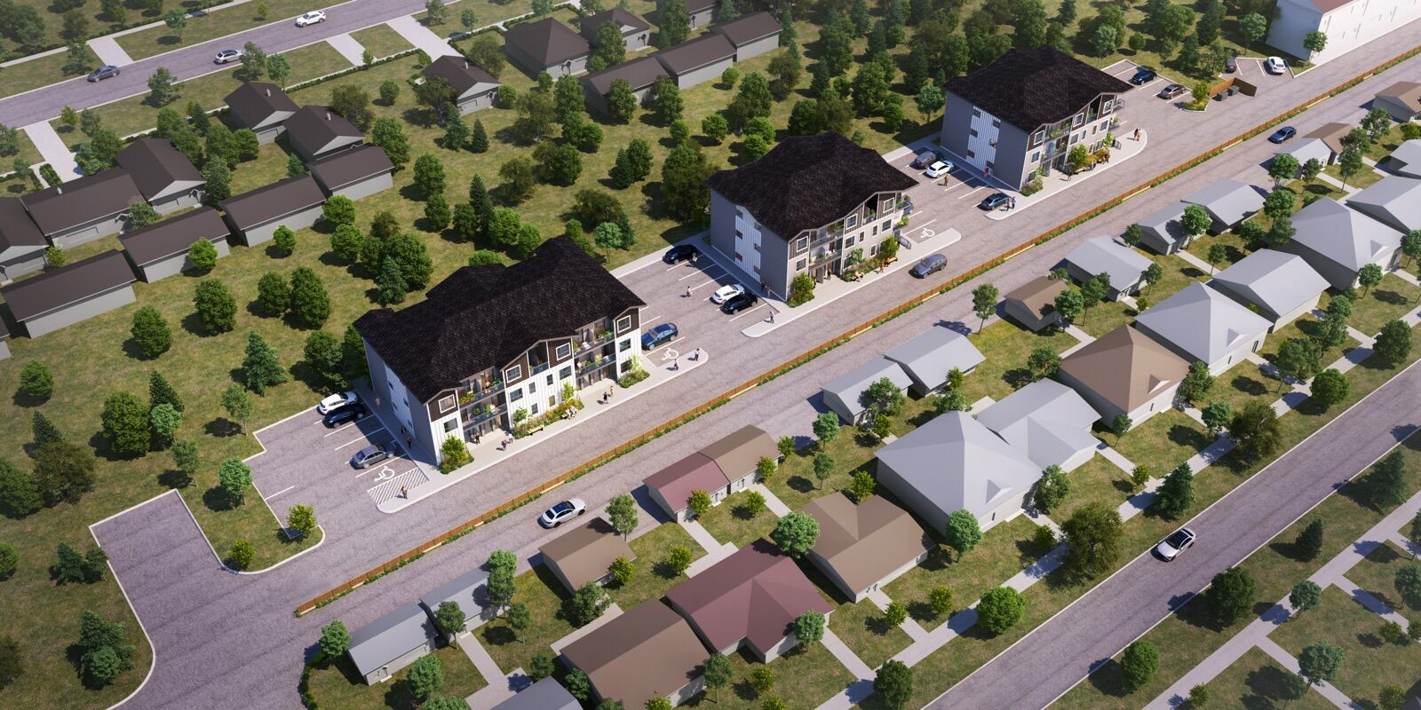 Aerial view of the full community on the retired rail corridor